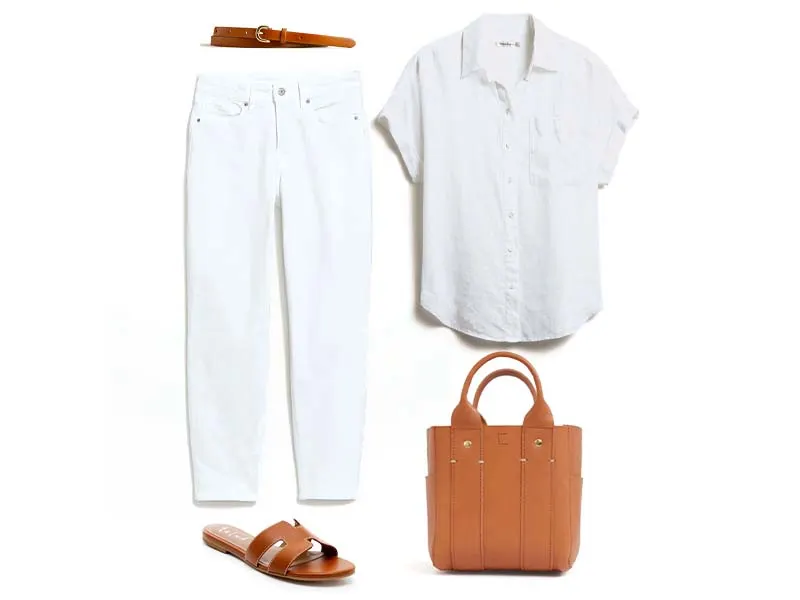 White jeans, white linen shirt, tan flat leather sandals, tan leather tote, and tan skinny belt