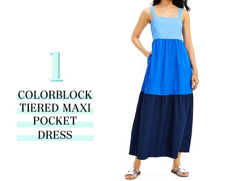 LOFT blue colorblock tiered maxi pocket dress