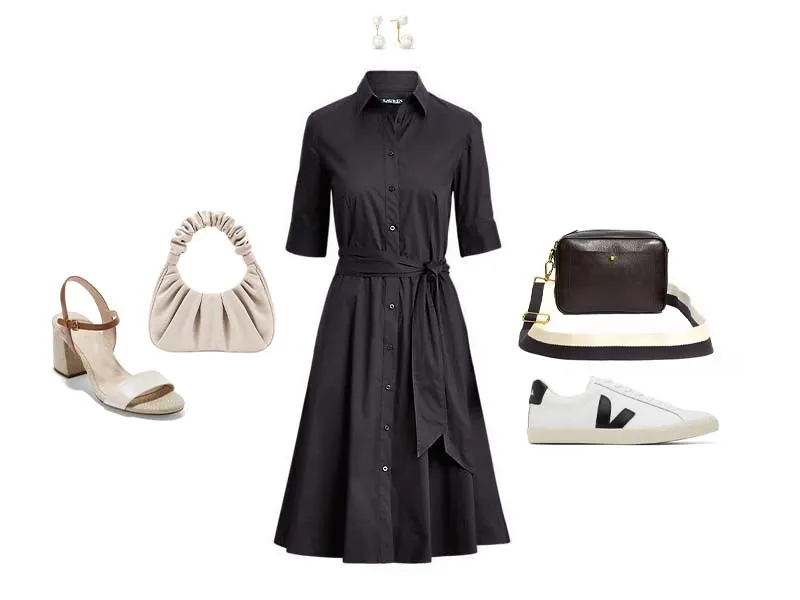 Black Shirt dress and pearl jacket studs with either beige block heels and a beige ruched bag or a black crossbody and black and white sneakers