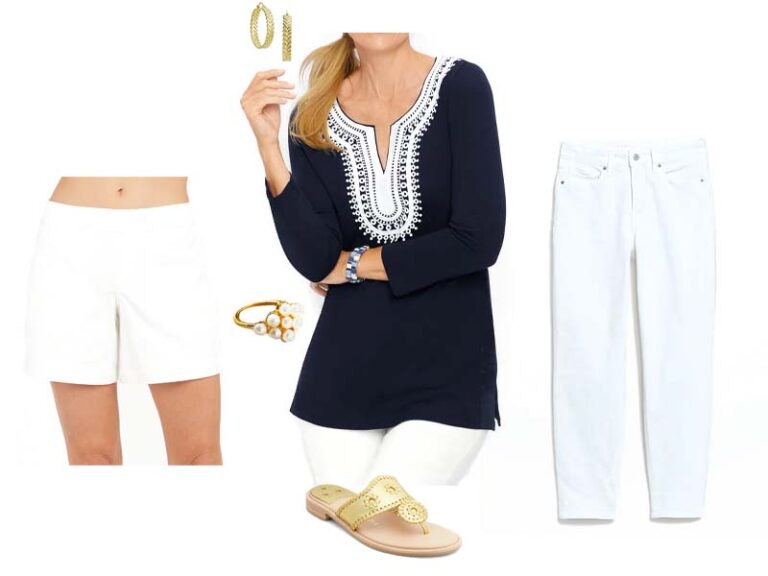 Navy embroidered tunic, gold chevron hoops, pearl cocktail ring, gold woven sandals, and either white shorts or white high waisted jeans