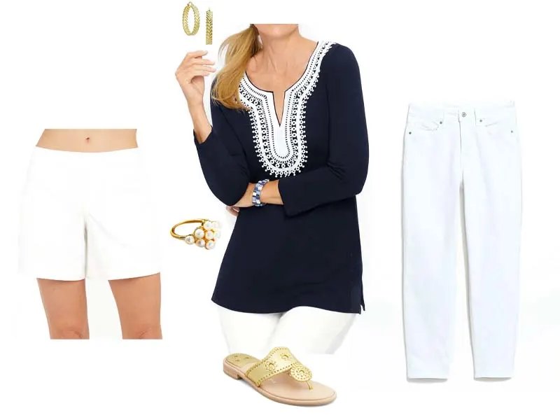 Navy embroidered tunic, gold chevron hoops, pearl cocktail ring, gold woven sandals, and either white shorts or white high waisted jeans
