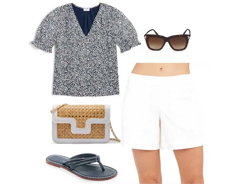 Puff Sleeve floral top, white shorts, rattan bag, navy leather sandals, and cat eye sunglasses