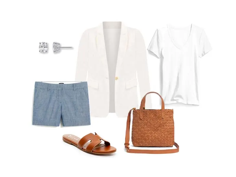 White Blazer with Chambray shorts, stud earrings, white v-neck tee, cognac leather sandals, and woven crossbody bag