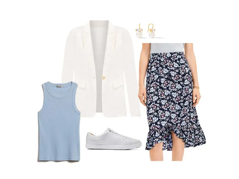 White Blazer with floral ruffled midi skirt, blue tank, white sneakers, and pearl earrings