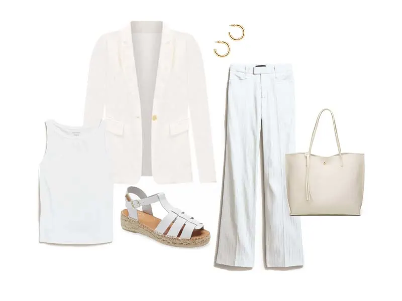 White Blazer with white tank, white espadrille sandals, gold hoops, white pinstripe pants, and white faux leather tote