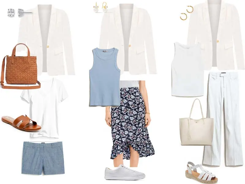 three outfits featuring a white blazer