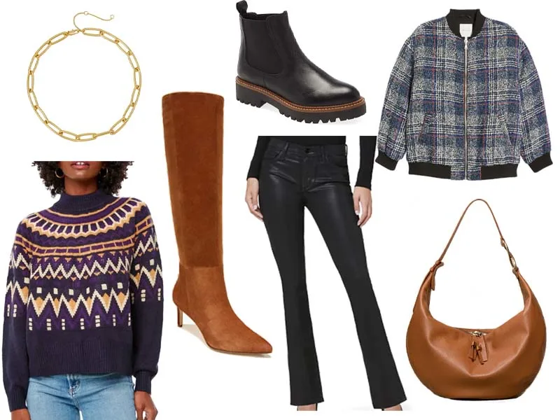 7 trends for Fall: Bomber jackets, chunky chains, crescent shaped bags, leather, shades of brown, nordic prints, lug boots