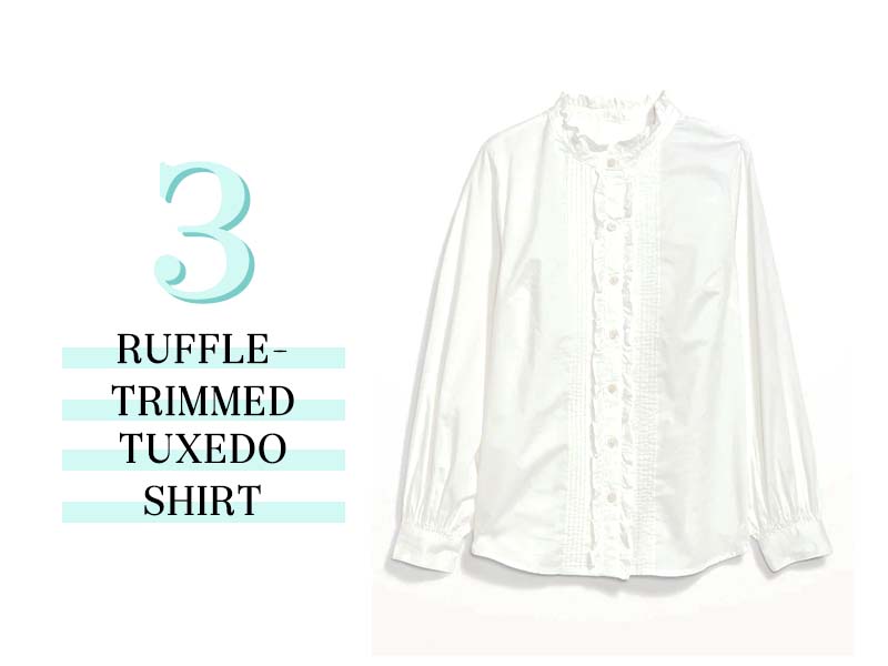 ruffle trimmed tuxedo shirt in white