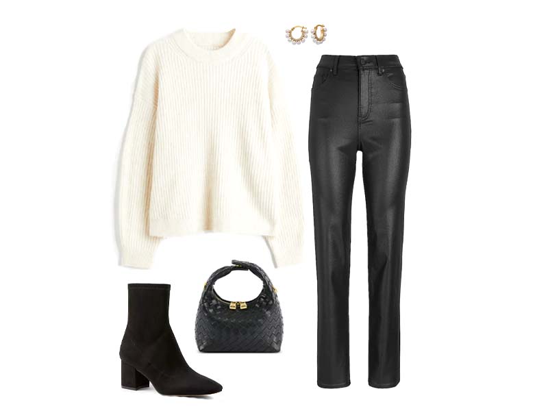 cream knit sweater, black coated jeans, black stretch booties, black woven bag, and pearl huggies