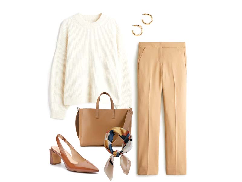 cream knit sweater, tan straight pants, beige leather tote, cognac slingbacks, silk scarf, and gold hoops