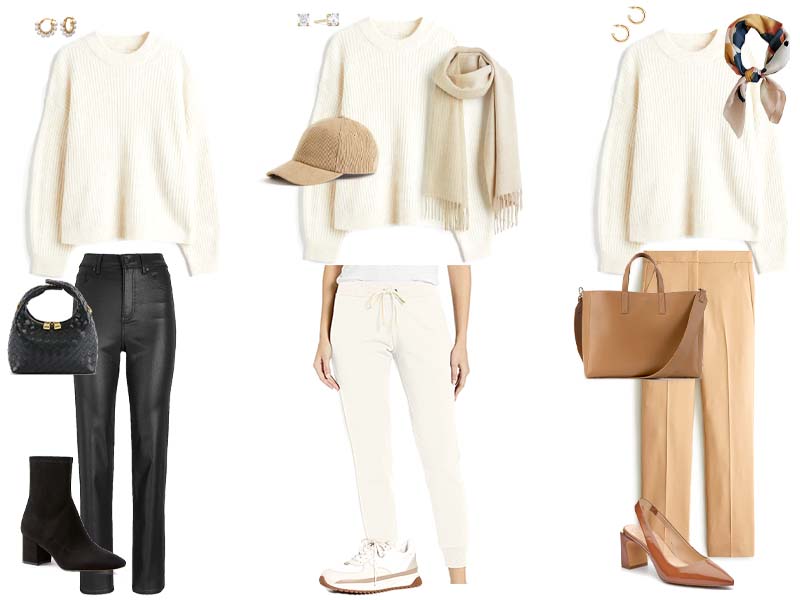 three outfits featuring a cream knit sweater