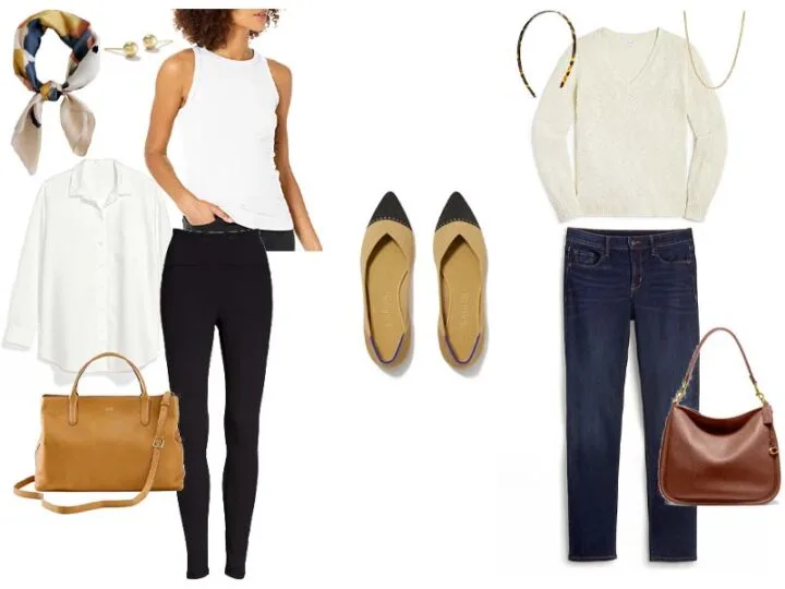 Camel and Black Ballet Flats with either black leggings, white tank, white oversized boyfriend shirt, camel leather handbag, gold sphere studs, and a silk scarf, or with slim straight jeans, cream cotton sweater, tortoise headband, gold chain necklace, and a leather shoulderbag