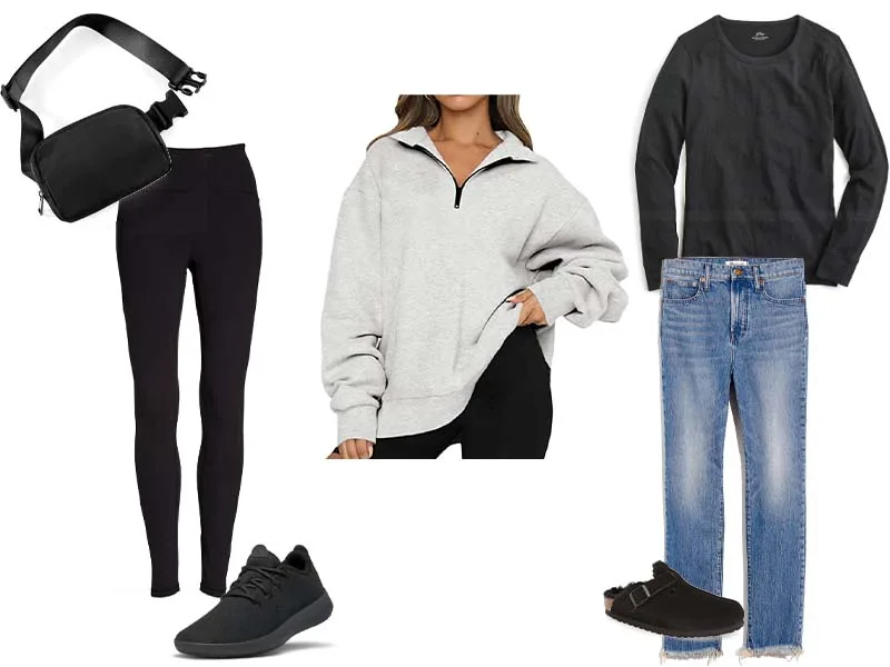 Gray half-zip sweatshirt with either black leggings, black wool sneakers, and a black belt bag, or with a black long sleeve T-shirt, vintage jeans, and black shearling clogs