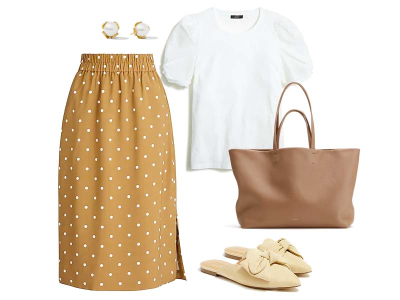 Pull On Skirt with white clip dot tee, tan bow mules, pearl stud earrings, and caramel colored leather tote