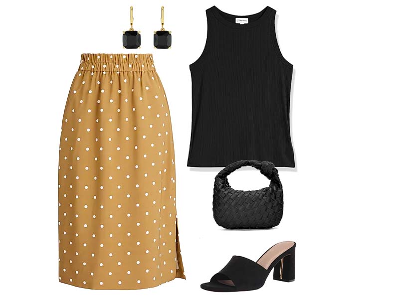 pull on skirt with black racerback tank, black mules, black woven bag, and black square huggies