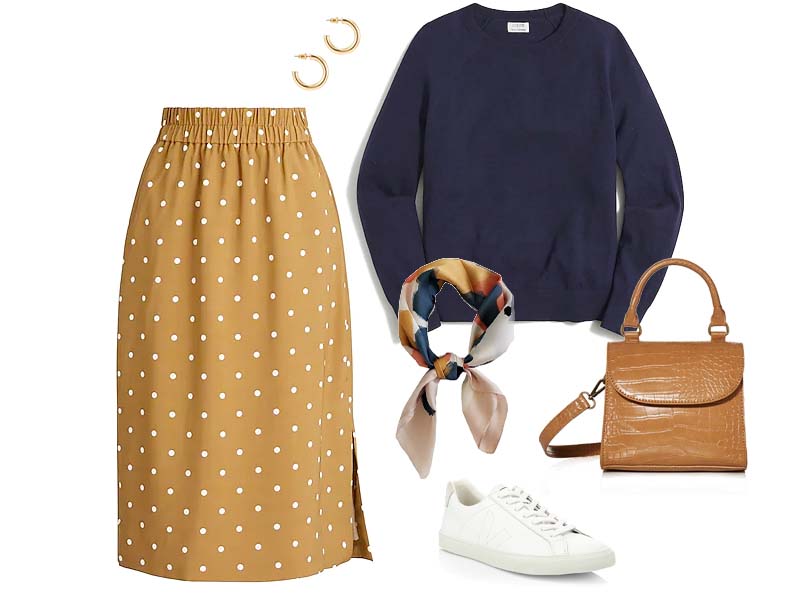 Pull on Skirt, white sneakers, navy crewneck sweater, caramel crossbody, multicolored silk scarf, gold goops