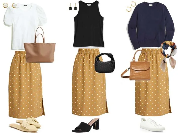 three outfits featuring a tan polka dot pull on skirt