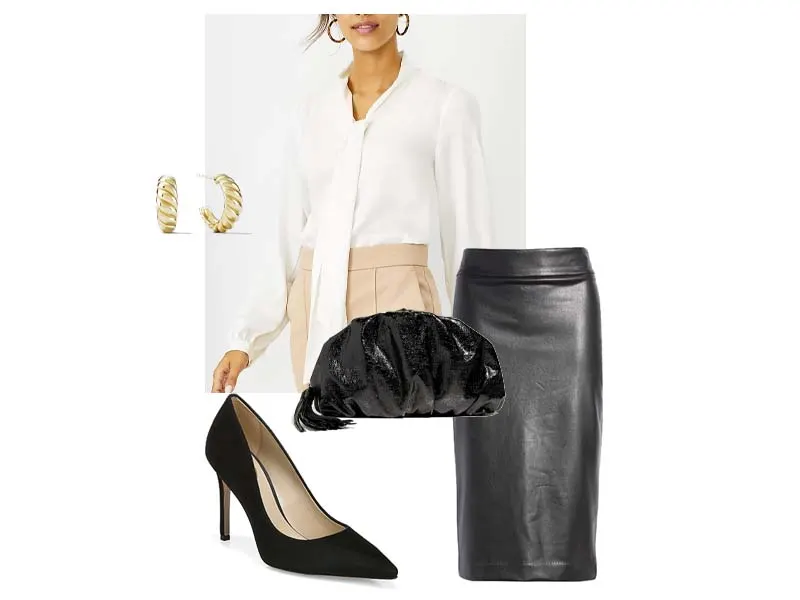 white tie neck blouse, faux leather blouse, black leatehr clutch, black suede pumps, and gold hoops