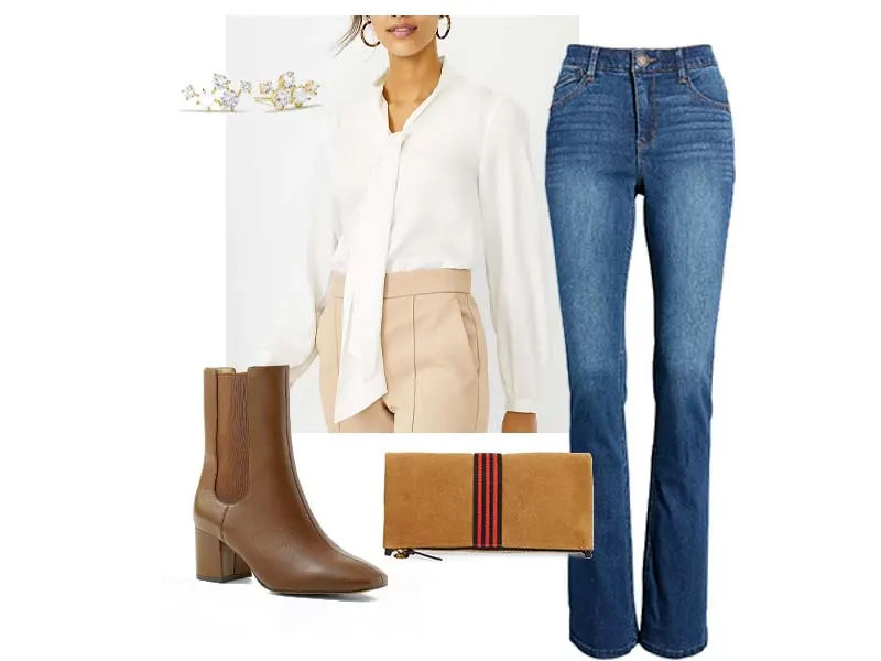 white tie neck blouse, brown chelsea booties, suede foldover clutch, bootcut jeans