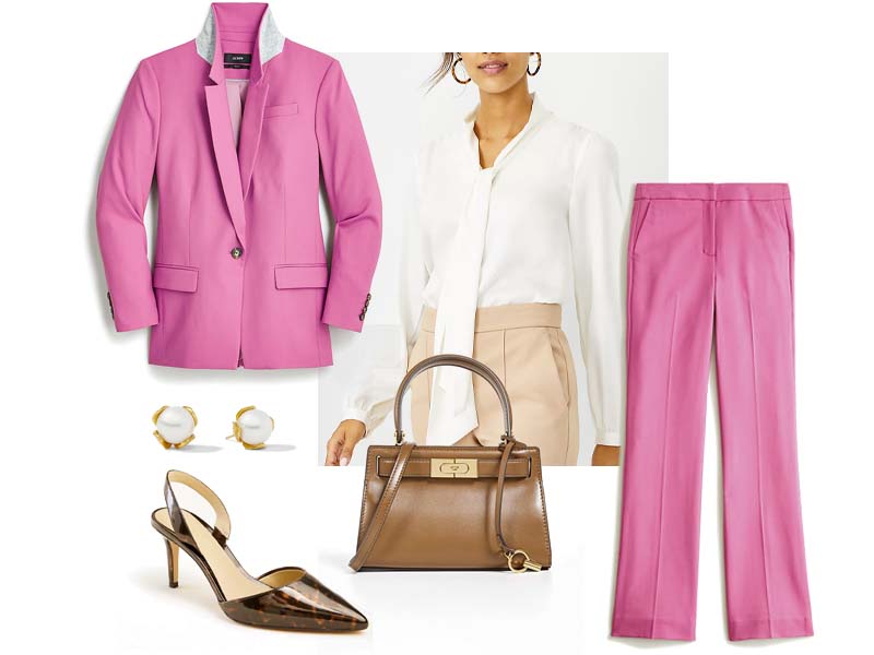 white tie neck blouse, pink wool suit, brown leather bag, tortoiseshell slingbacks, and pearl stud earrings