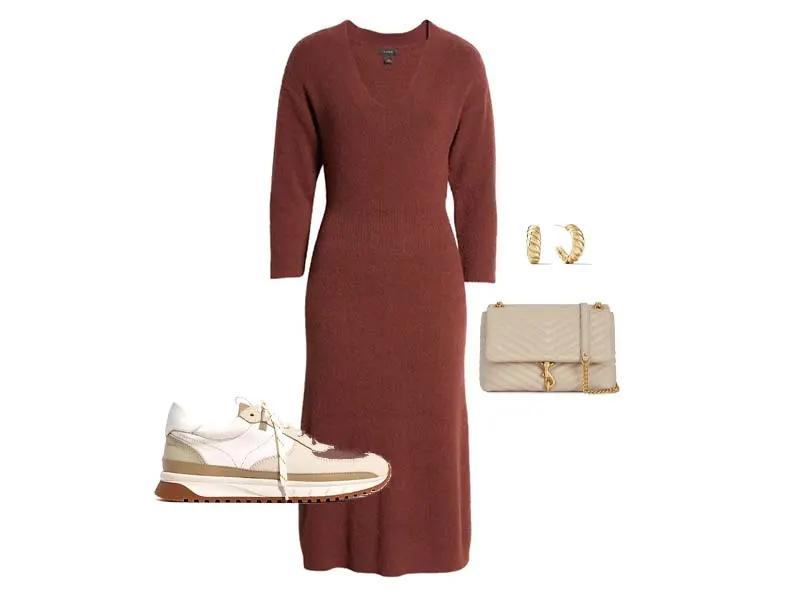 Brown Sweater dress, colorblock sneakers, cream shoulder bag, gold hoops