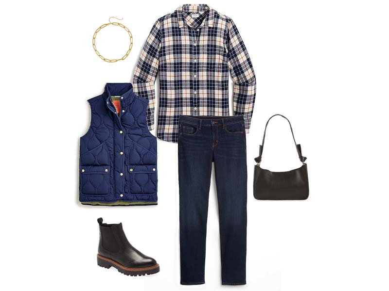 Navy Flannel Shirt, Dark Slim Straight Jeans, Black Leather Hobo Bag, Black Chelsea Boots, Navy Quilted Vest, and gold chunky necklace
