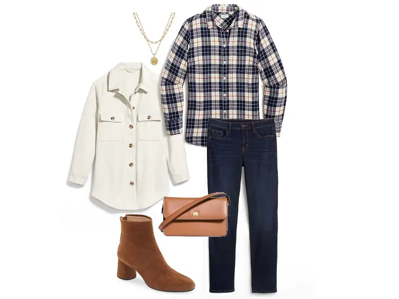 Navy Flannel Shirt and Dark Slim Straight Jeans, ivory shacket, tan suede booties, tan leather mini bag, gold layered initial necklace