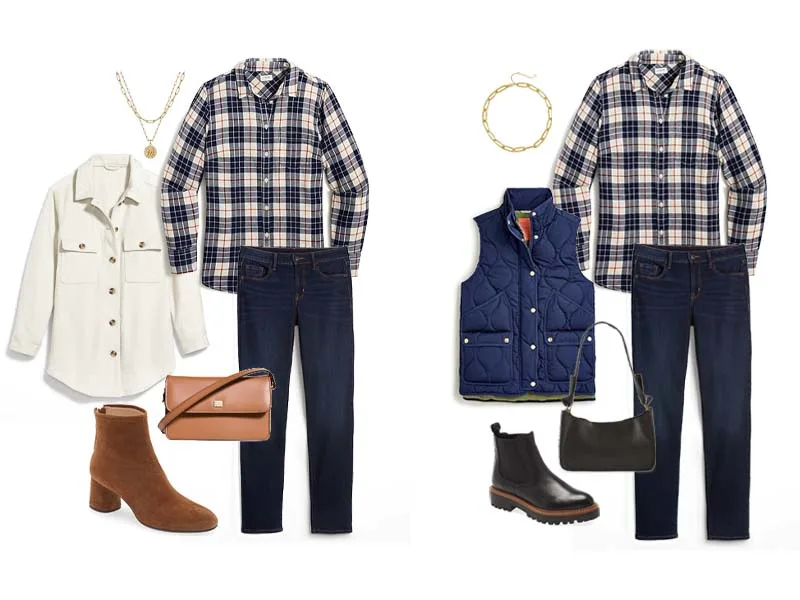 Navy Flannel Shirt and Dark Slim Straight Jeans, ivory shacket, tan suede booties, tan leather mini bag, gold layered initial necklace or Navy Flannel Shirt, Dark Slim Straight Jeans, Black Leather Hobo Bag, Black Chelsea Boots, Navy Quilted Vest, and gold chunky necklace
