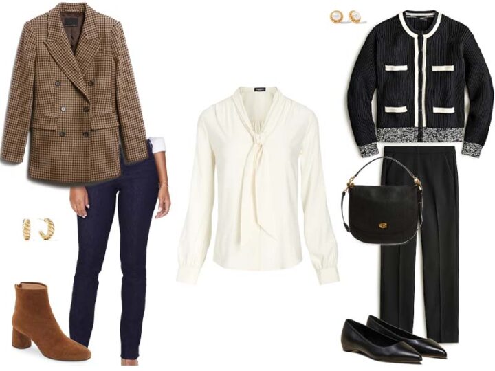 white bow blouse with either a plaid blazer, dark jeans, tan booties, and gold hoops, or with a black and white cardigan, black straight pants, black shoulder bag, and black flats