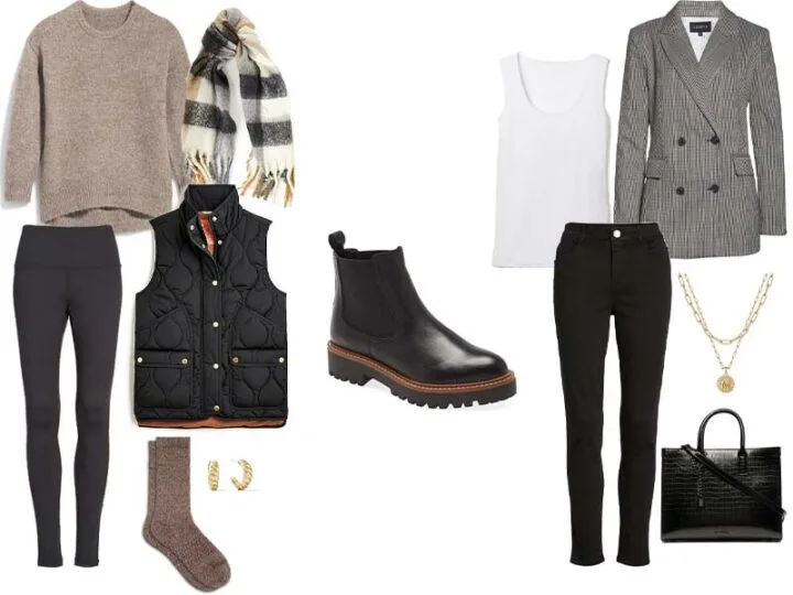 Black Chelsea Boots with either a tan plush sweater, black quilted vest, brown marled socks, gold hoops, and black leggings or with white tank, plaid blazer, black skinny jeans, black tote, and gold layer initial necklace
