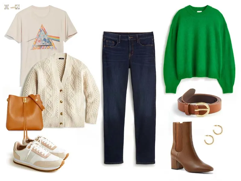 Stright leg jeans with either a graphic tee, cardigan, sneakers, shoulder bag or green sweater, belt, brown chelsea boots, and gold hoops