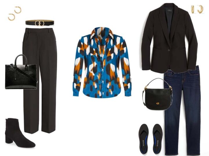 print shirt with either black trousers, black belt, black booties, and gold hoops, or with a black blazer, black flats, stright jeans, black shoulder bag, and gold hoops