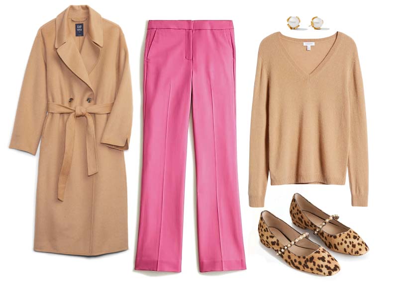 Pink wool pants with camel wrap coat, camel cashmere sweater, and animal print flats