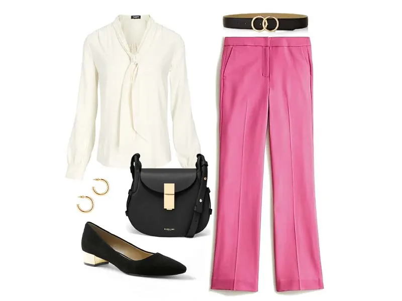 pink wool pants, white bow blouse, black bag, black block pumps, gold hoops, and black belt