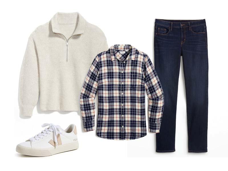Quarter Zip sweater in white, power slim straight jeans, flannel shirt, and white sneakers