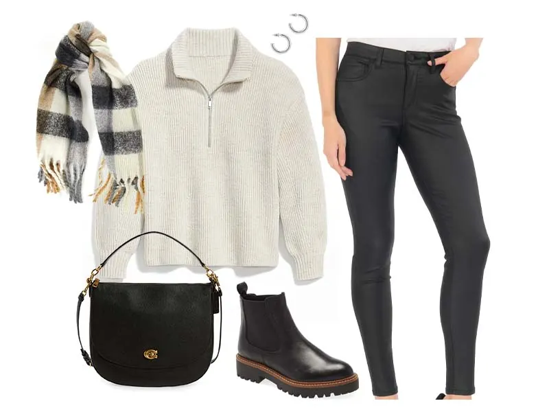 white quarter zip sweater, black coated jeans, black chelsea boots, black shoulder bag, plaid blanket scarf