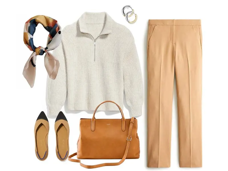 White quarter zip sweater, camel pants, camel leather bag, camel and black toe flats, silk scarf, and multi-tone hoops