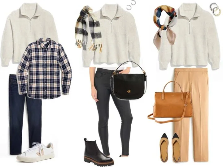 three outfits featuring a white quarter zip sweater