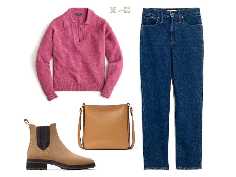 Grape collared sweater, vinstage straight jeans, camel utility boots, camel leather messenger bag, and topaz studs