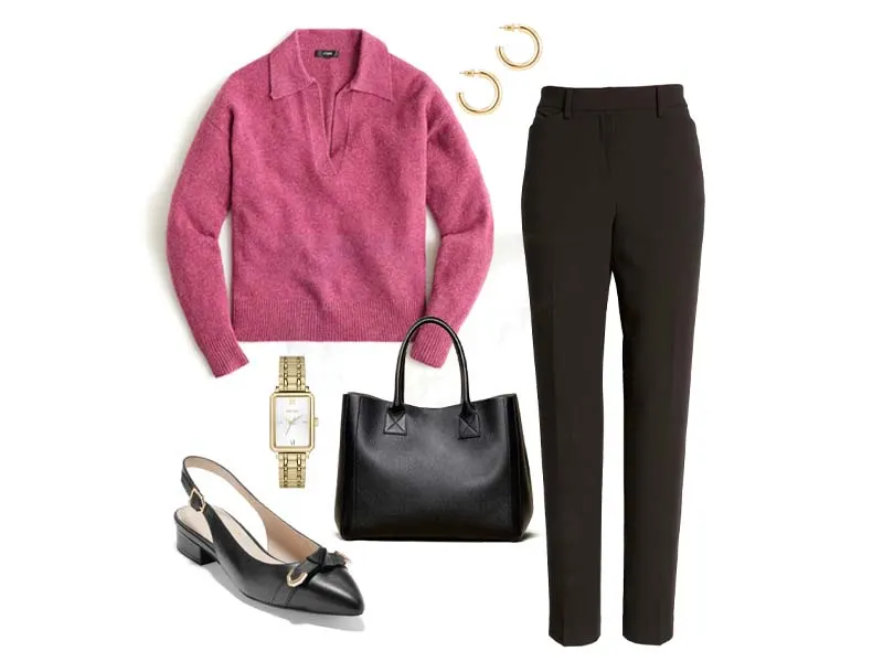 grape collared sweater, black pants, gold watch, gold hoops, black skimmers, and black tote