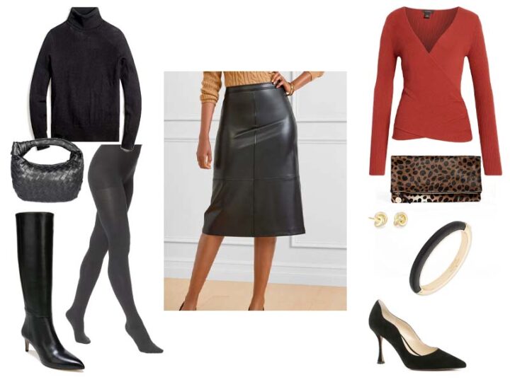 Black Faux Leather Skirt with either a black turtleneck sweater, black tights, black knee high boots, and a black woven bag or with a red v-neck sweater, leopard clutch, gold studs, black leather bangle, and black pumps