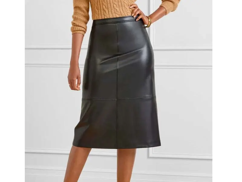 Women's Black Knit Turtleneck, Black Pencil Skirt, Red Leather