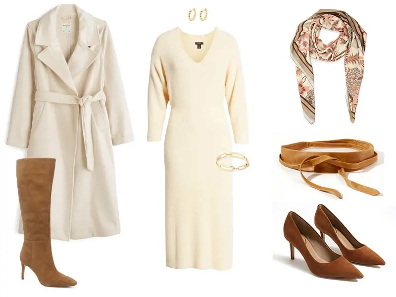 A cream sweater dress with gold hoops and a gold link bracelet with either a cream blanket coat and tall brown boots or with brown kitten heels, a brown wrap belt, and a printed silk scarf