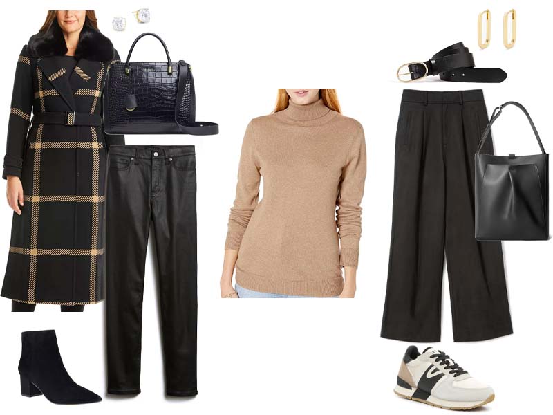 Camel turtleneck with either black coated slim jeans, black and camel plaid coat, black block booties, faux croc bag, and topaz studs or with black drapey pants, sneakers, blalck leather belt, gold huggies, and a black leather bag