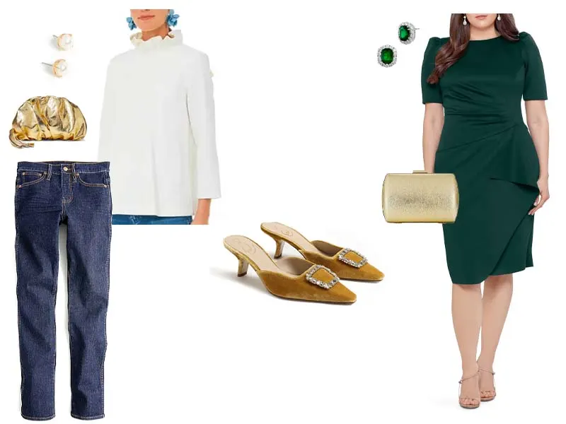 saffron statement mules with either dark slim jeans, gold clutch, white ruffled blouse, and pearl studs or a green sheath dress, emerald cushion earrings, and gold clutch 