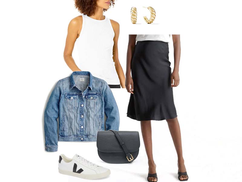 Silk Skirt with white tank, denim jacket, black vegan crossbody, black and white sneakers, and gold hoops. 