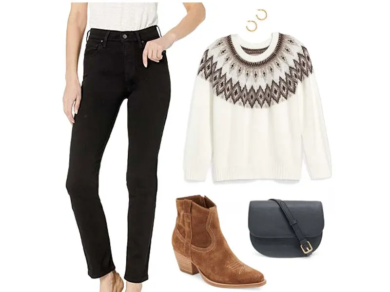 Brown western boots with black jeans, neutral fair isle sweater, black crossbody bag, and gold hoops