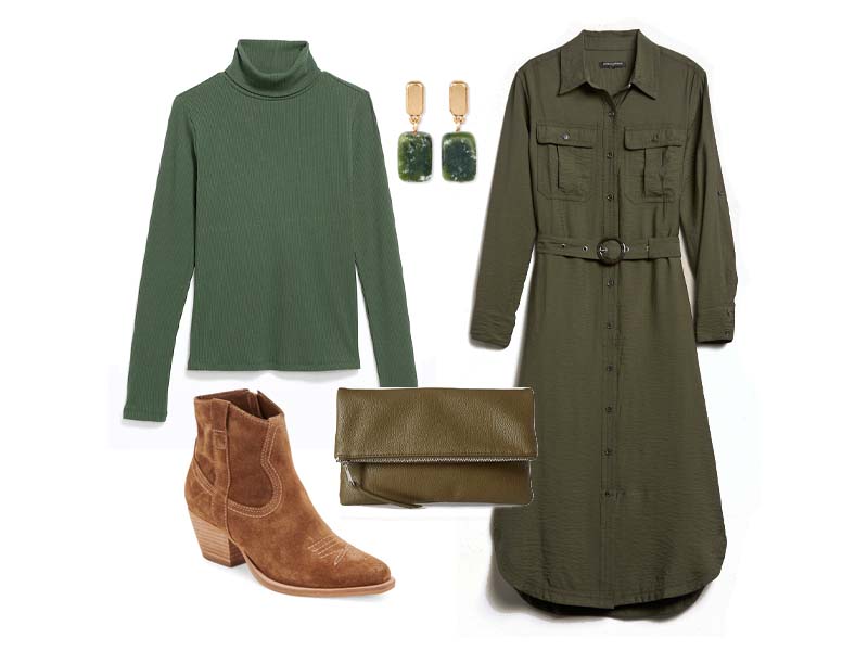 Brown western boots with an olive utility shirt dress, olive clutch, olive turtleneck, and gold and olive drop earrings