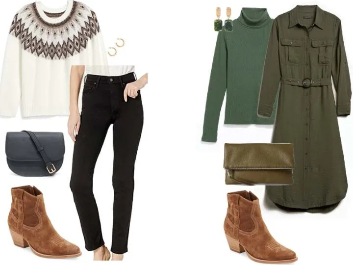 Brown western boots with black jeans, neutral fair isle sweater, black crossbody bag, and gold hoops or with an olive utility dress, olive turtleneck, olive and gold drop earrings, olive clutch