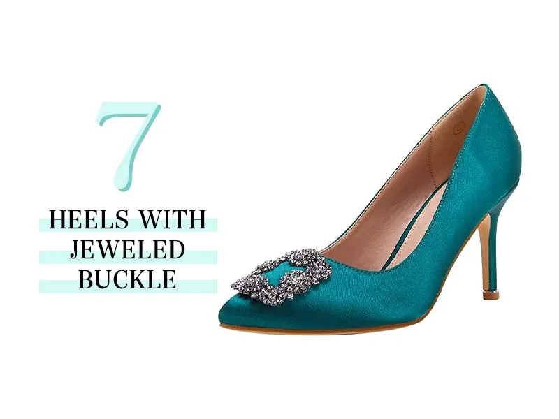 heels with jeweled buckle in green